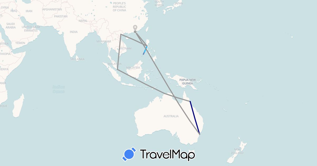 TravelMap itinerary: driving, plane, cycling, boat in Australia, Hong Kong, Philippines, Singapore, Vietnam (Asia, Oceania)